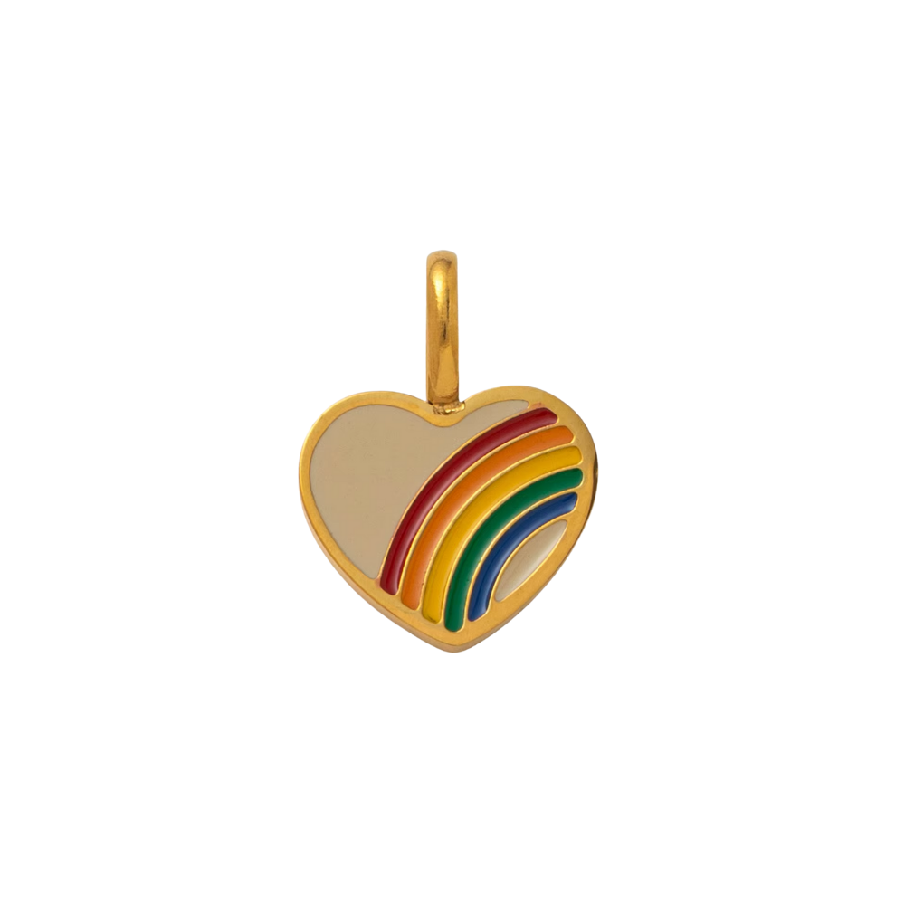 Heart-shaped pendant with rainbow design on a white background